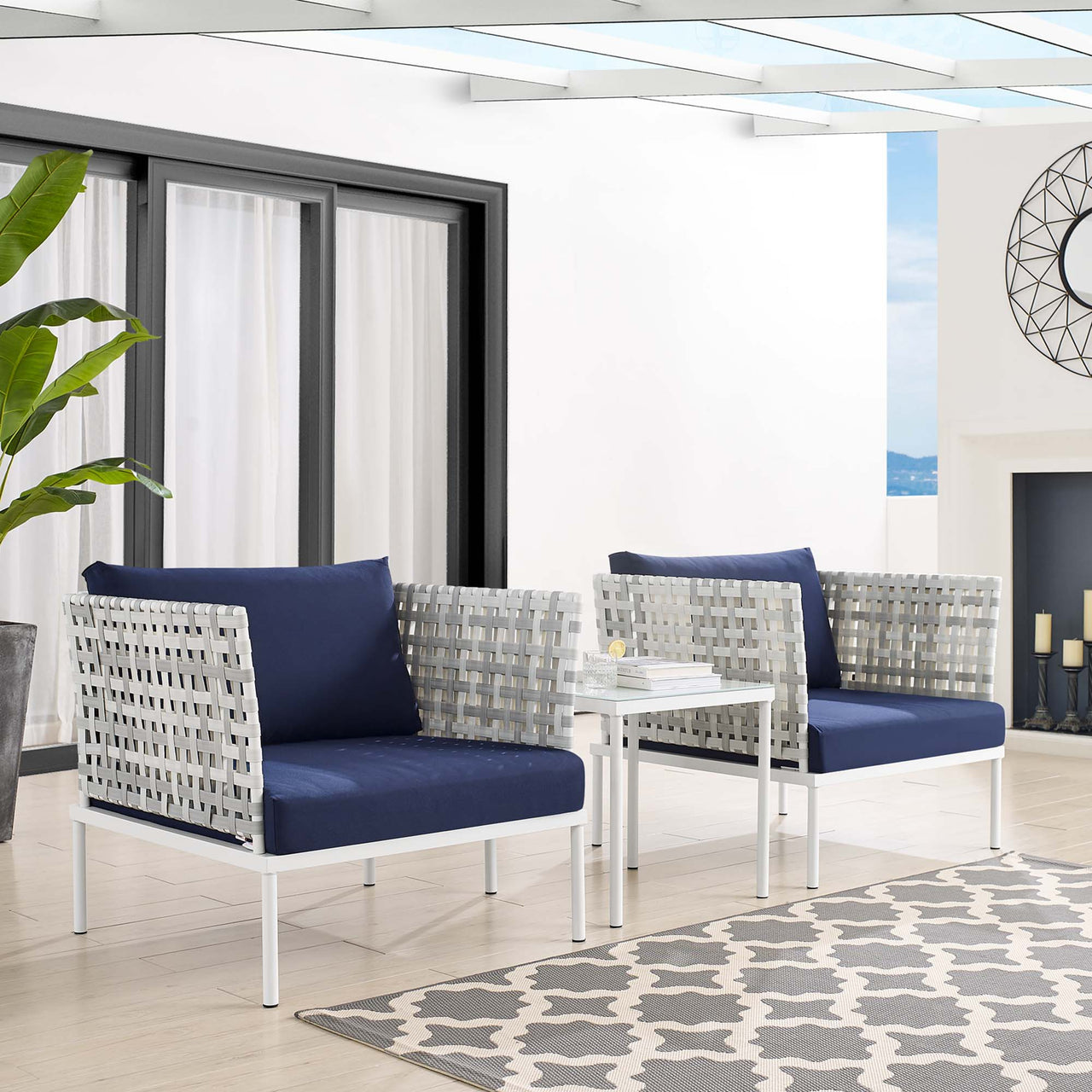 Harmonize 3-Piece Sunbrella® Basket Weave Alfresco Seating Set, Taupe & Navy