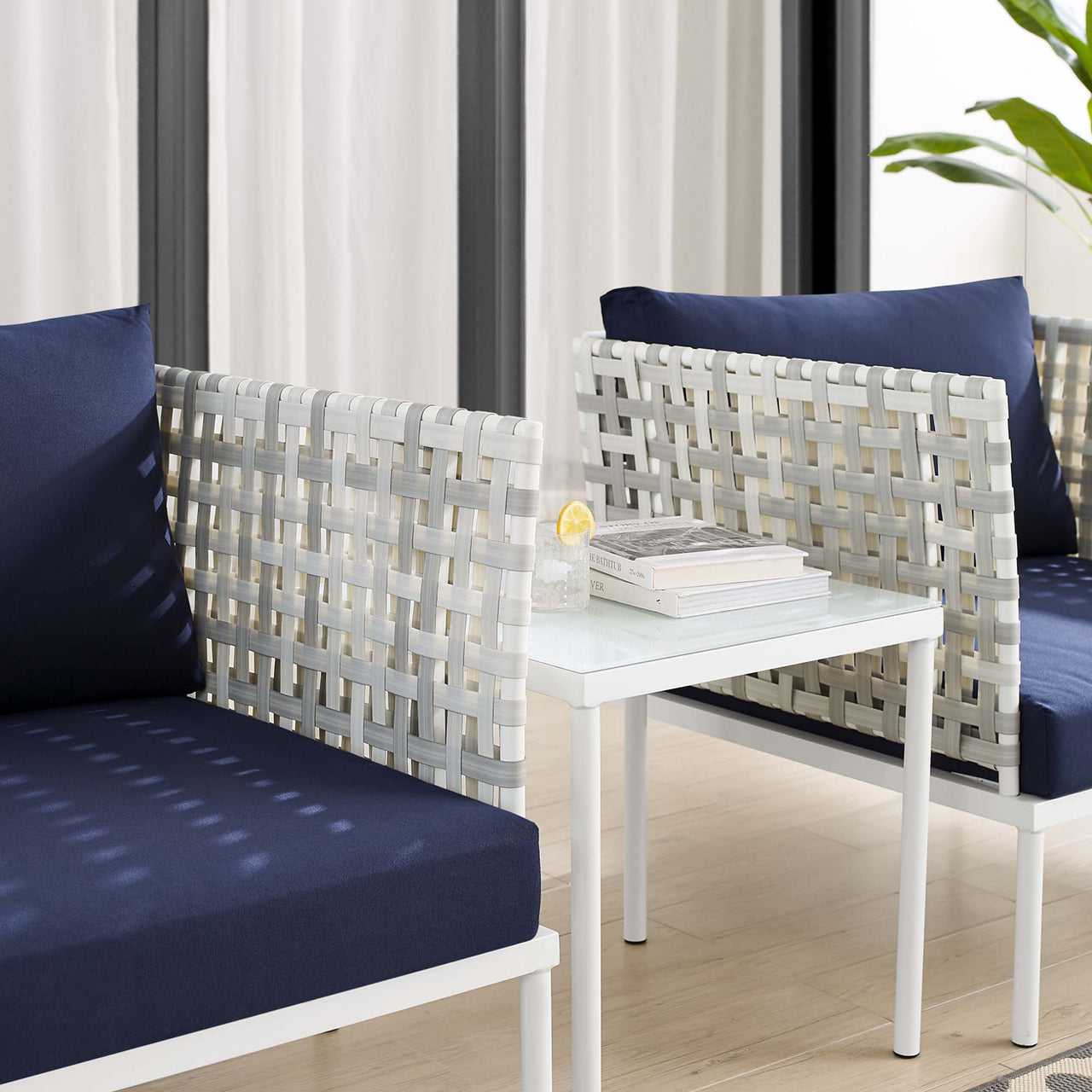 Harmonize 3-Piece Sunbrella® Basket Weave Alfresco Seating Set, Taupe & Navy