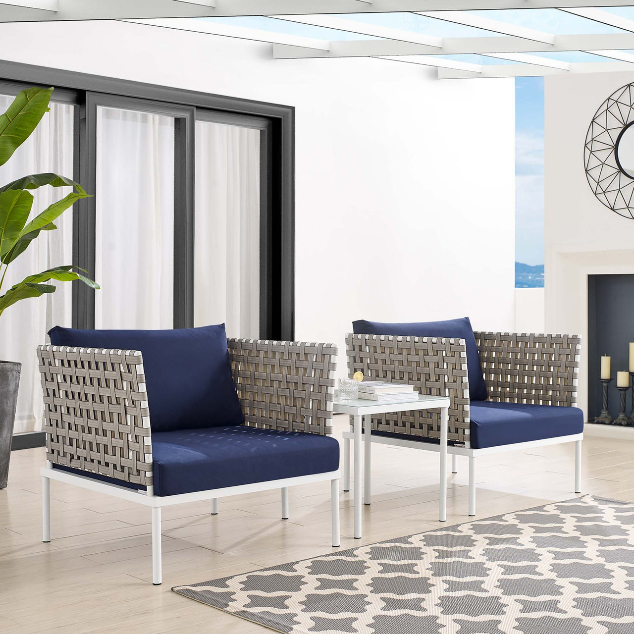 Harmonize 3-Piece Sunbrella® Basket Weave Alfresco Seating Set, Tan & Navy