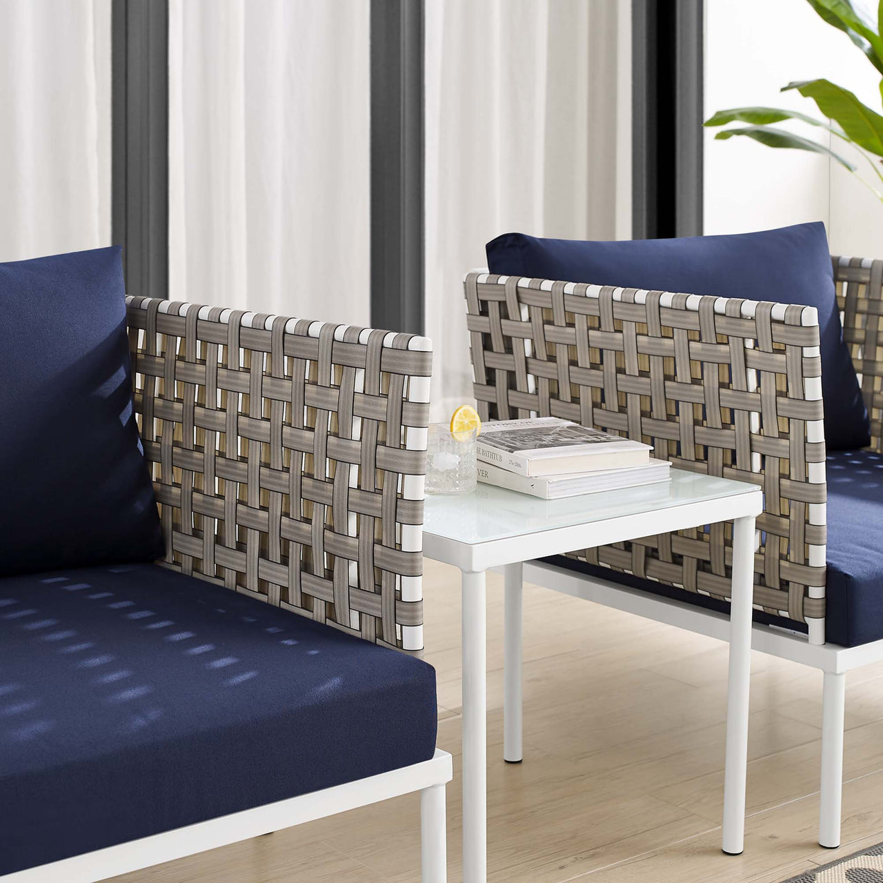 Harmonize 3-Piece Sunbrella® Basket Weave Alfresco Seating Set, Tan & Navy