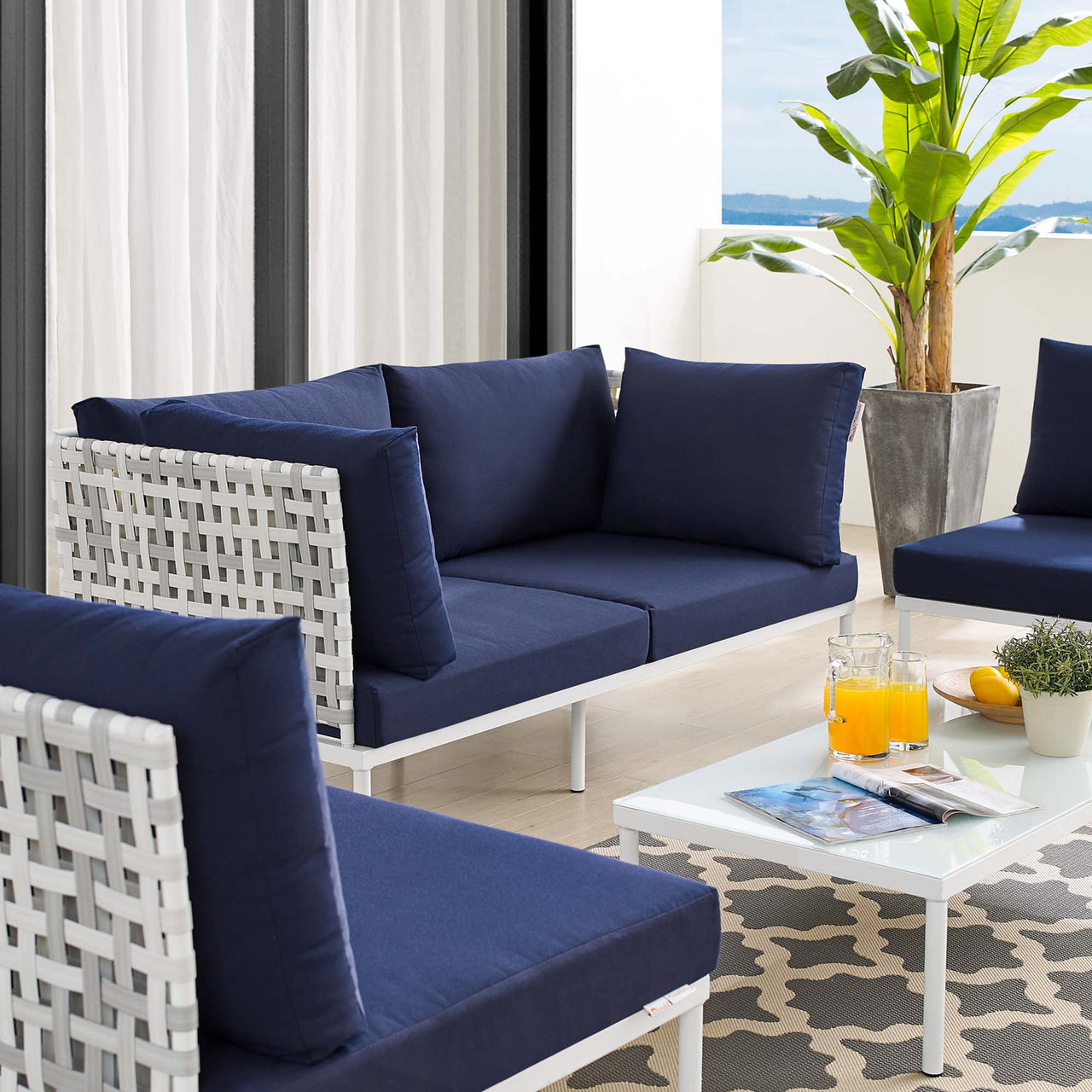 Harmonize 4-Piece Sunbrella® Basket Weave Alfresco Seating Set, Taupe & Navy