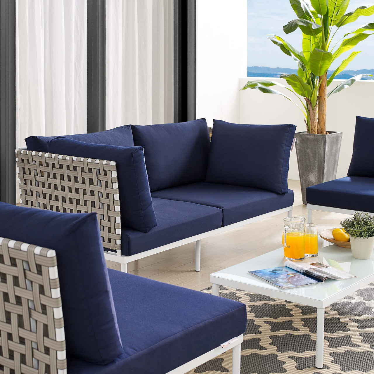 Harmonize 4-Piece Sunbrella® Basket Weave Alfresco Seating Set, Tan & Navy