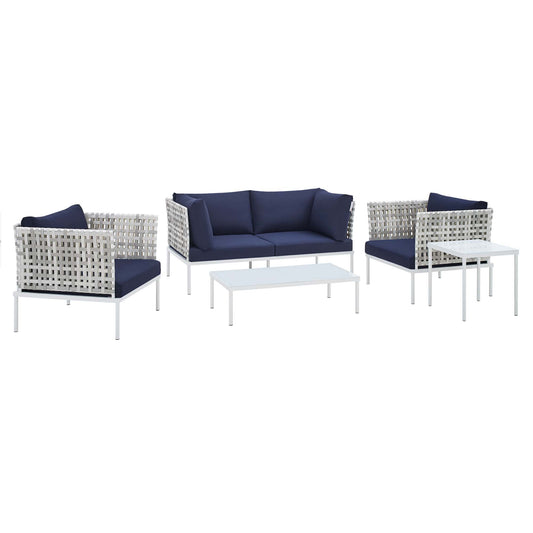 Harmonize 5-Piece Sunbrella® Basket Weave Alfresco Seating Set, Taupe & Navy