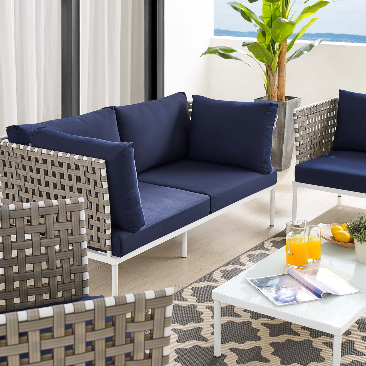 Harmonize 5-Piece Sunbrella® Basket Weave Alfresco Seating Set, Tan & Navy