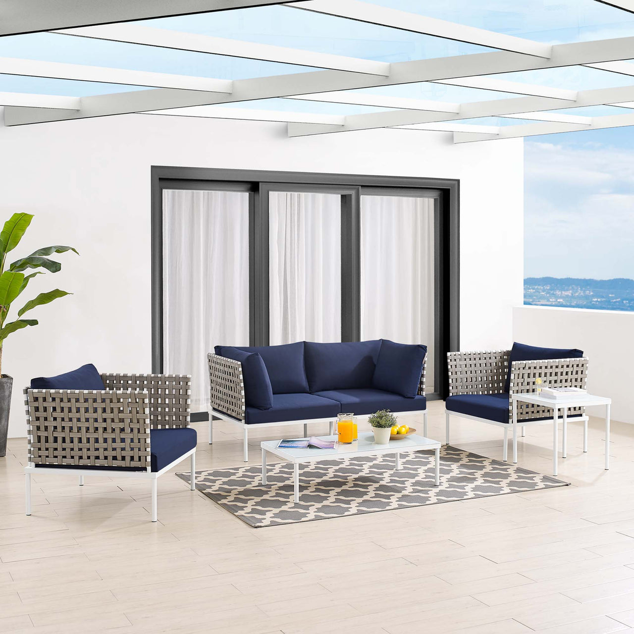 Harmonize 5-Piece Sunbrella® Basket Weave Alfresco Seating Set, Tan & Navy
