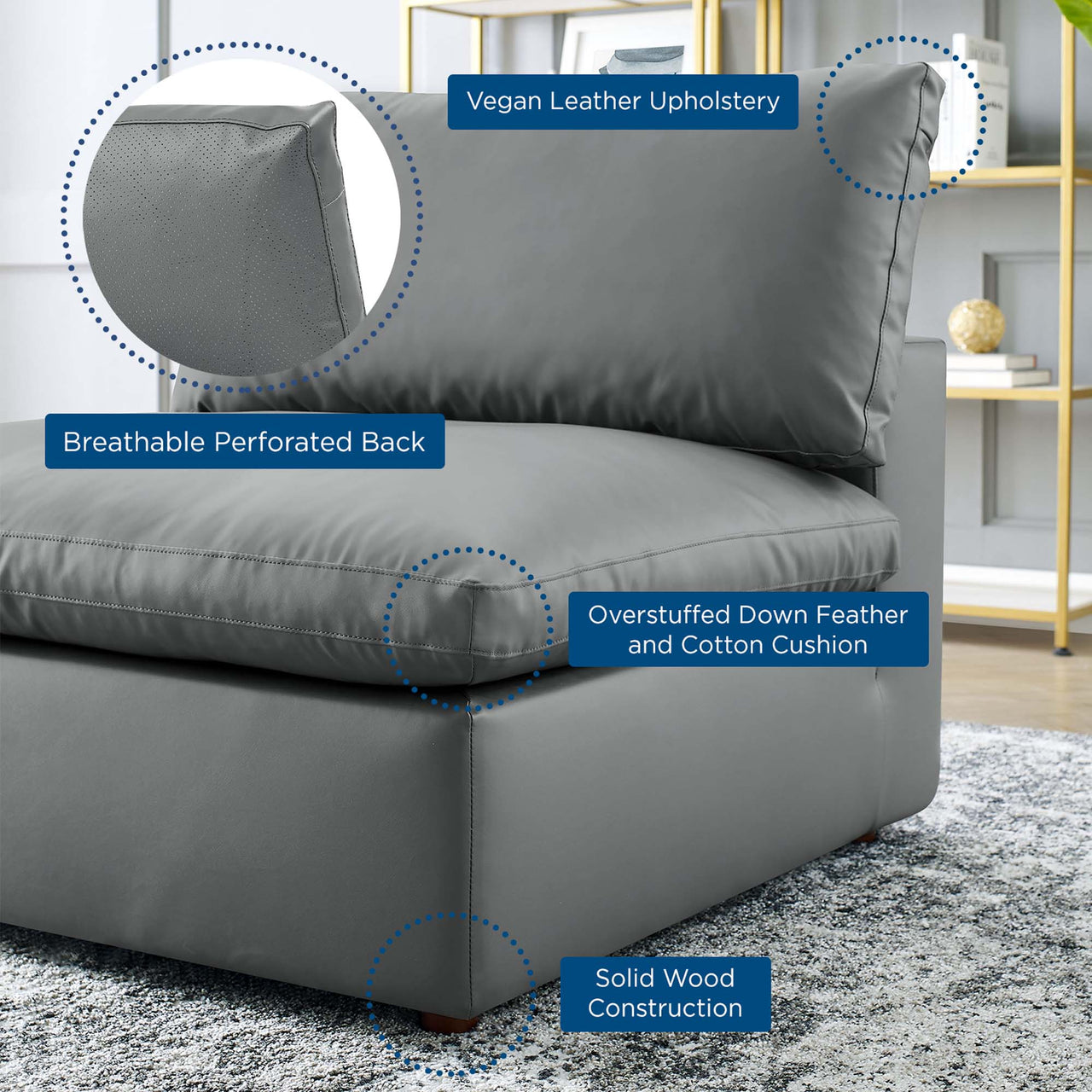 Angelic Cloudblend Eco-Leather Armless Chair | Modular Sectional Component, Gray