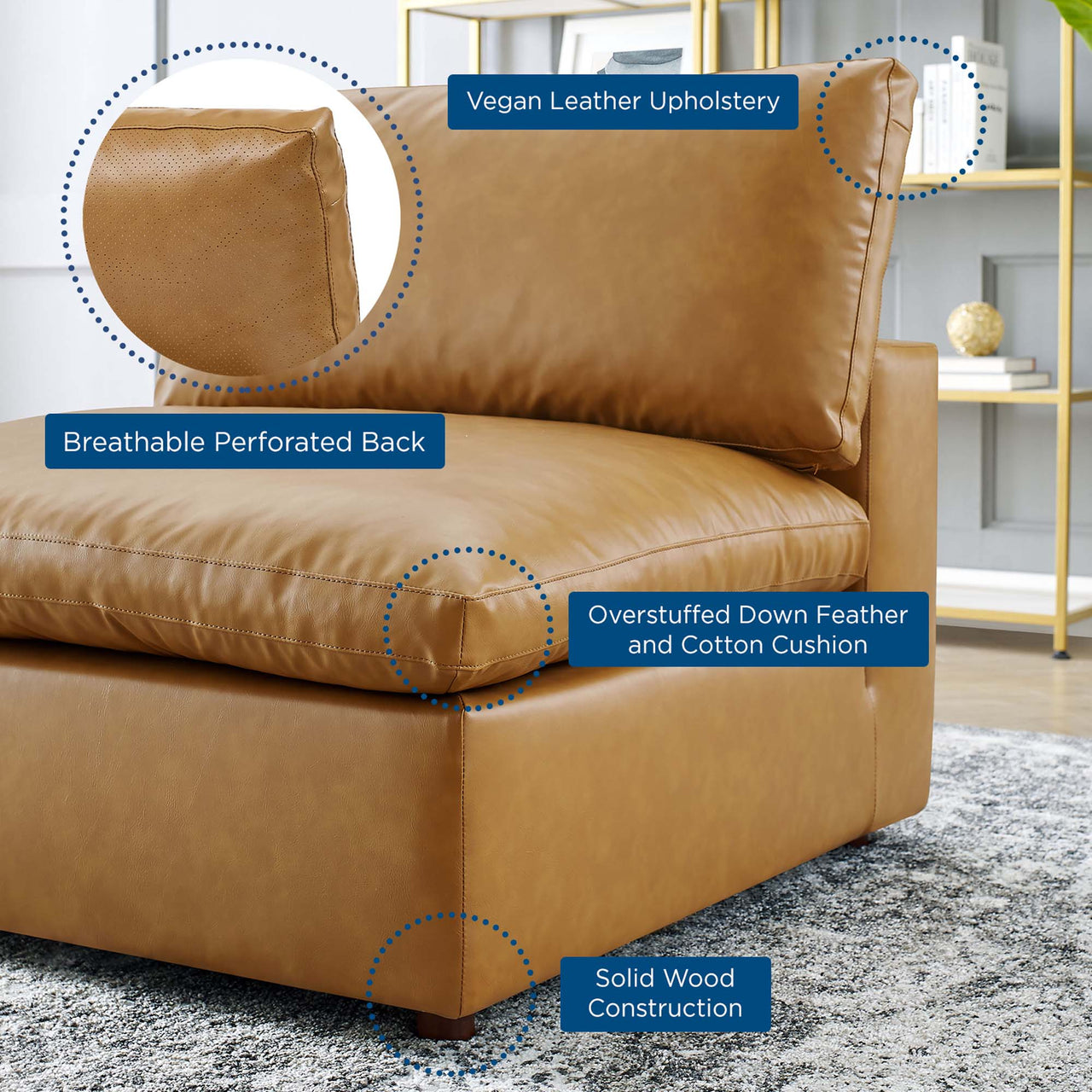Angelic Cloudblend Eco-Leather Armless Chair | Modular Sectional Component, Tan