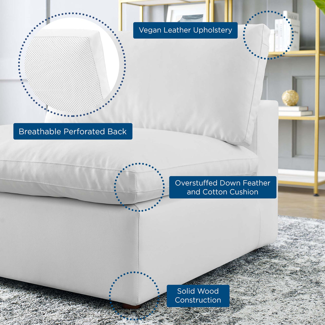 Angelic Cloudblend Eco-Leather Armless Chair | Modular Sectional Component, White