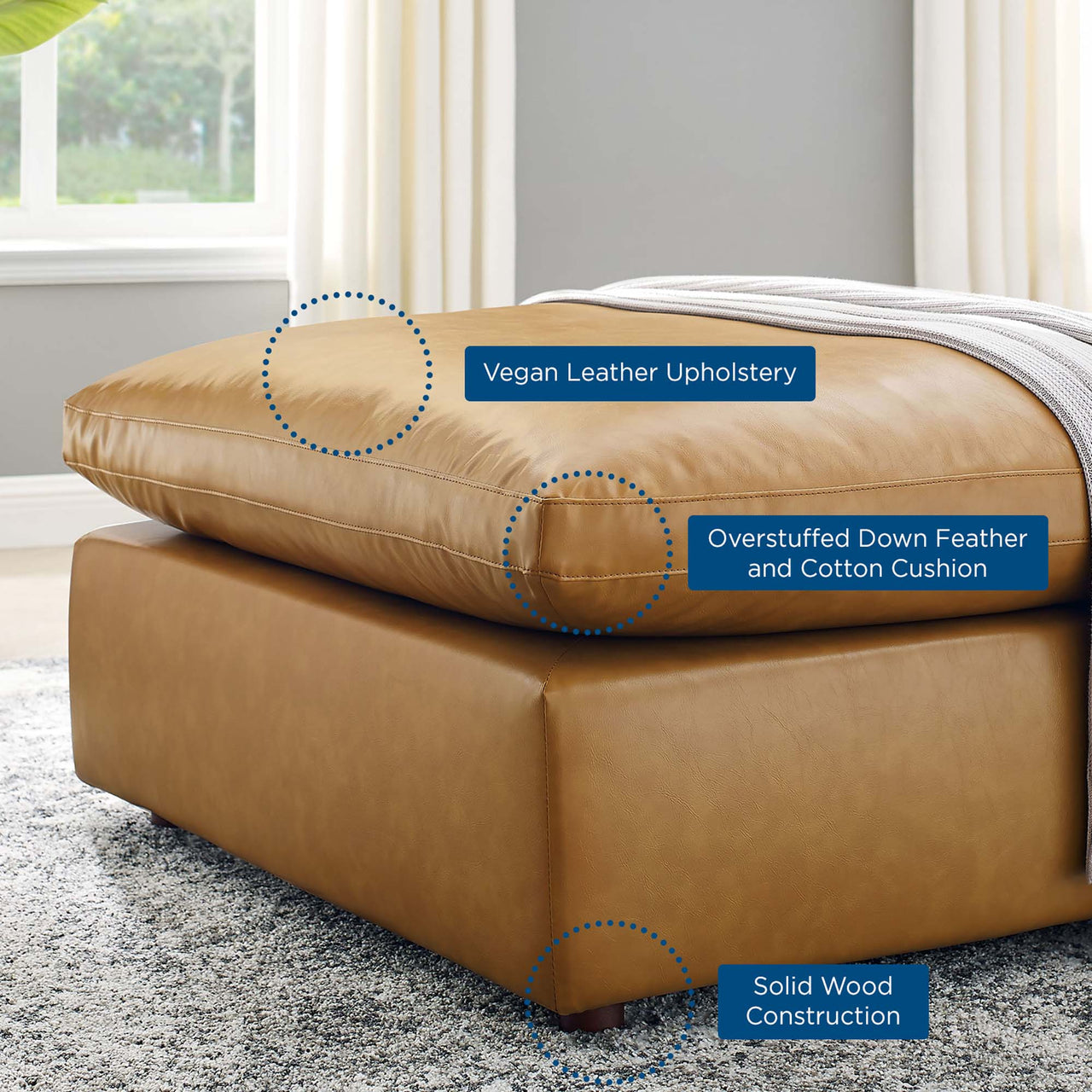 Angelic Cloudblend Eco-Leather Ottoman | Modular Sectional Component, Tan