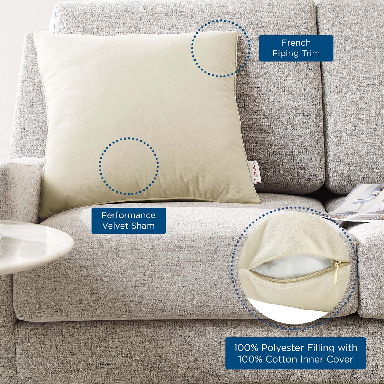 Velisse Luxe Velvet Throw Pillow, Small, Ivory