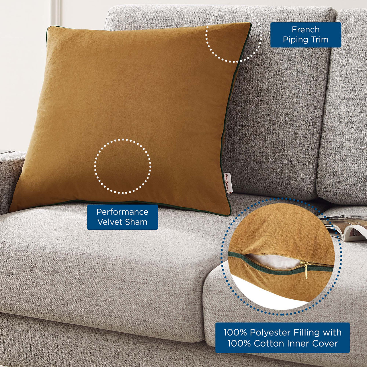 Dual Tone Velvet Accent Pillow, Cognac & Green