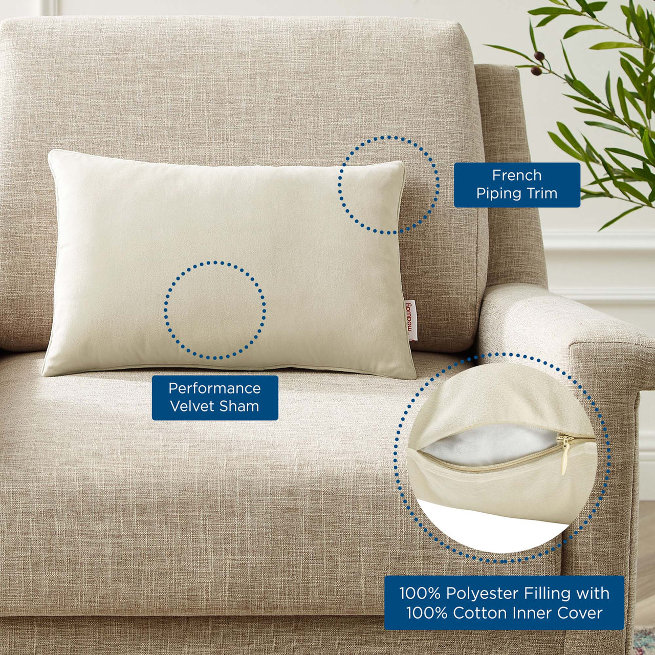 Velisse Luxe Velvet Contour Throw Pillow, Small, Ivory