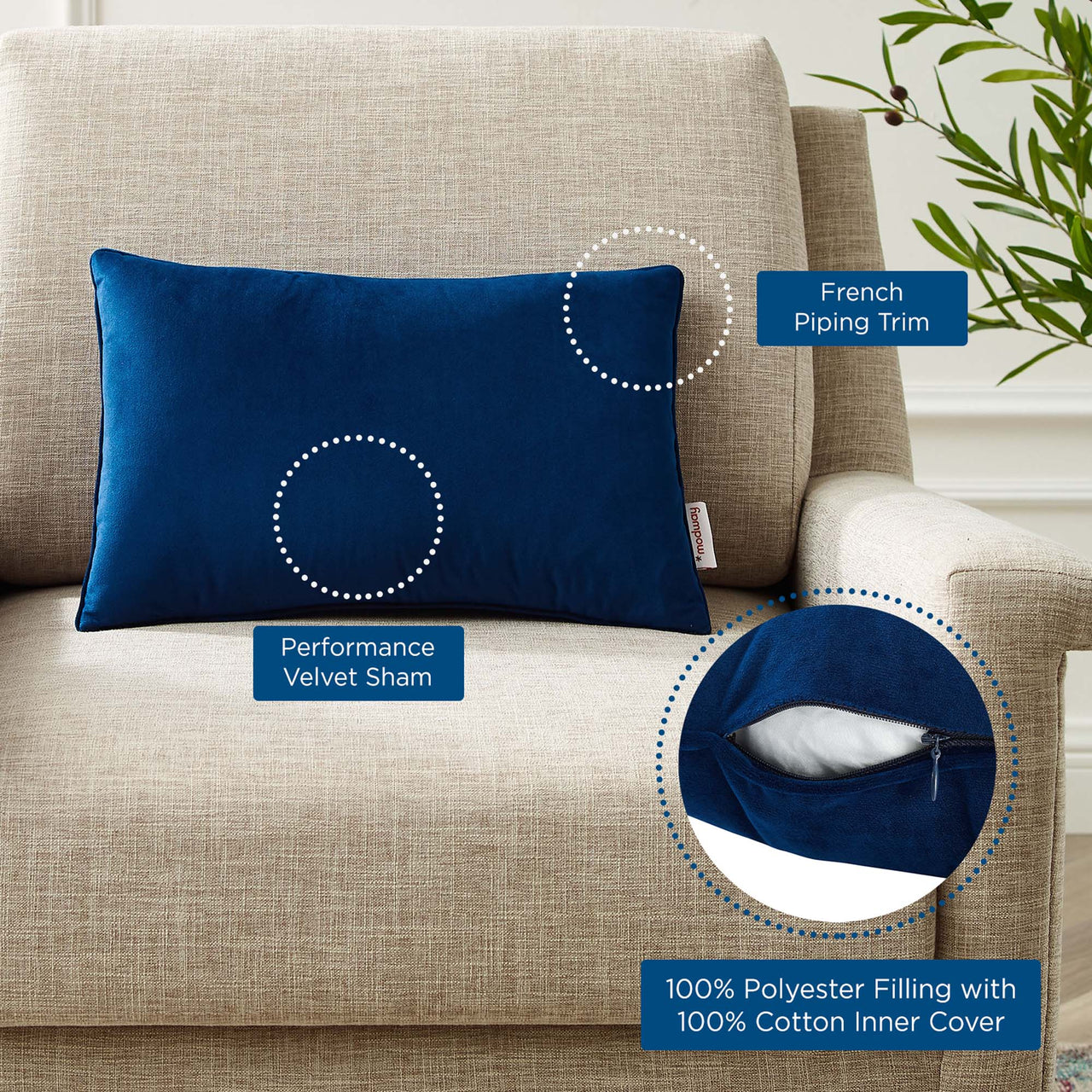 Velisse Luxe Velvet Contour Throw Pillow, Small, Navy