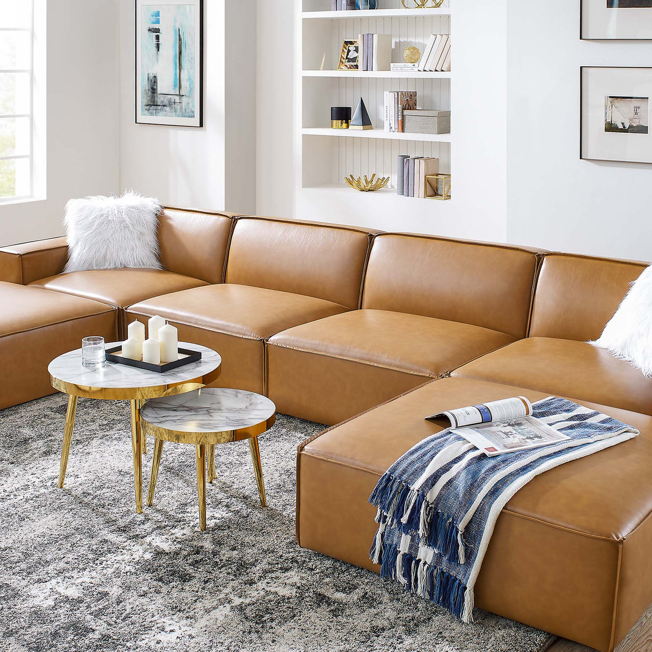 Phoenix 6-Piece Modular Eco-Leather U-Shaped Sectional, Tan