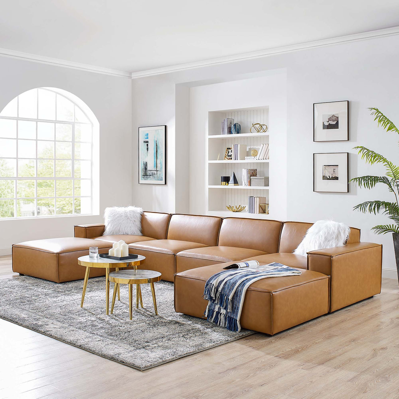 Phoenix 6-Piece Modular Eco-Leather U-Shaped Sectional, Tan