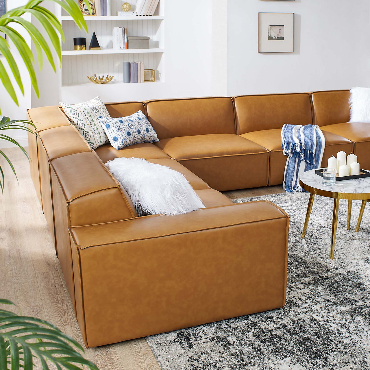 Phoenix 6-Piece Modular Eco-Leather L-Shaped Corner Sectional, Tan