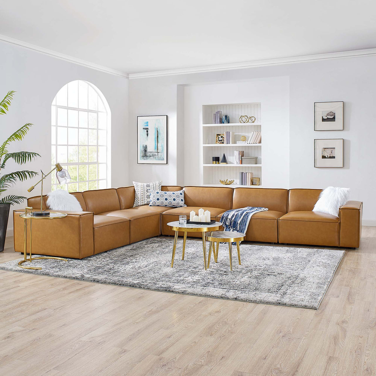 Phoenix 6-Piece Modular Eco-Leather L-Shaped Corner Sectional, Tan