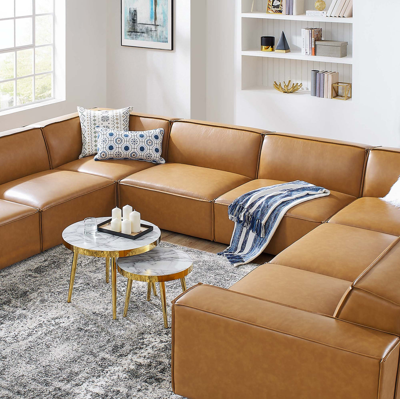 Phoenix 8-Piece Modular Eco-Leather U-Shaped Sectional, Tan