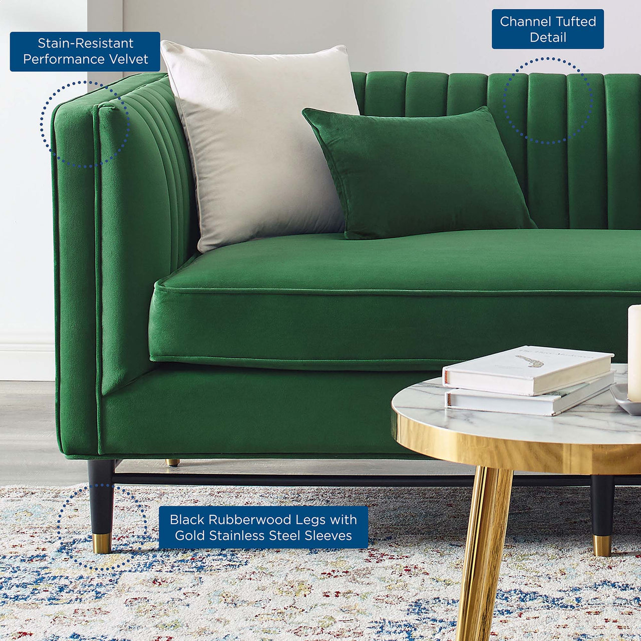 Delyra Upholstered Velvet Loveseat, Emerald