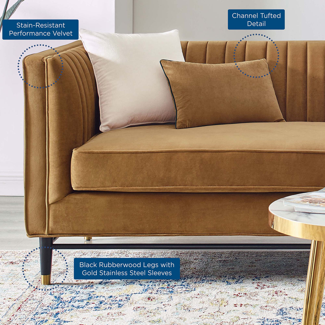Delyra Upholstered Velvet Sofa, Cognac