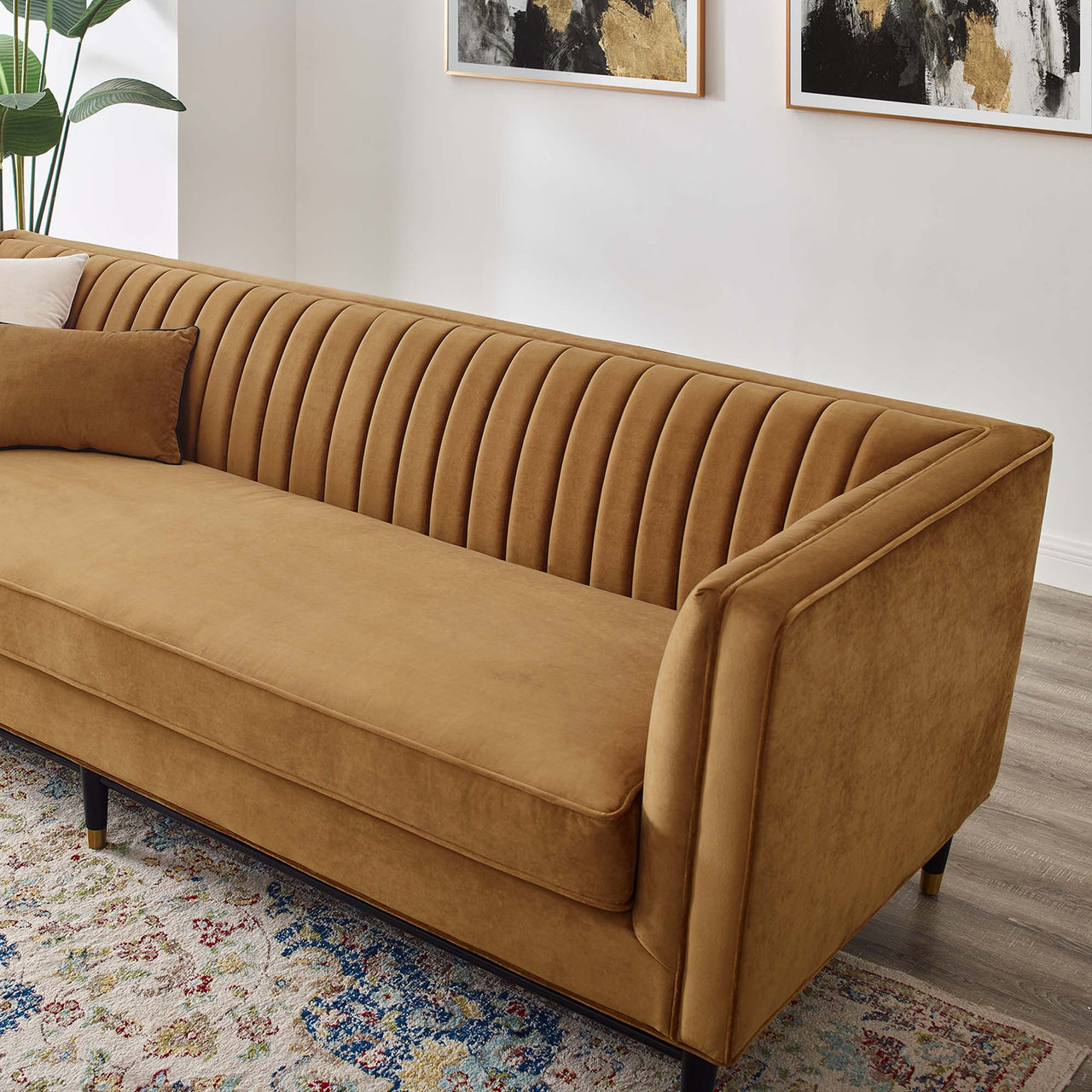 Delyra Upholstered Velvet Sofa, Cognac