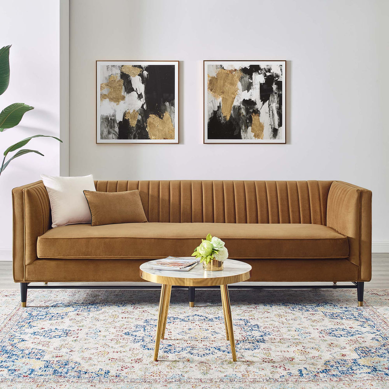 Delyra Upholstered Velvet Sofa, Cognac