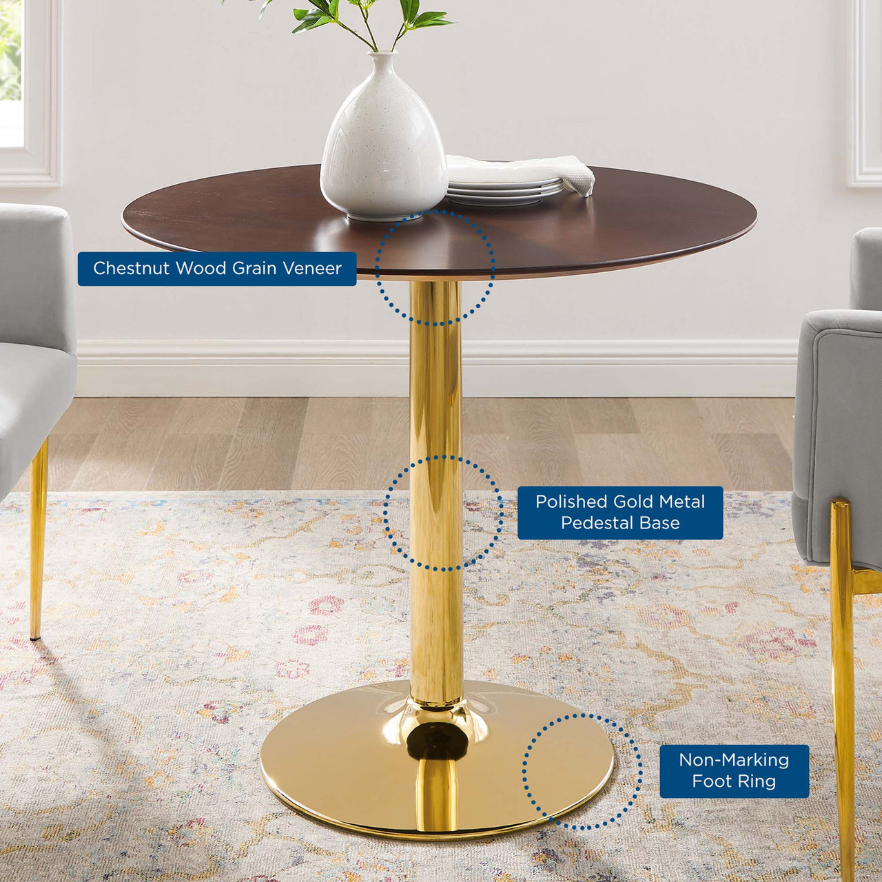 Kavrin Round Dining Table, Small, Gold & Cherry Walnut