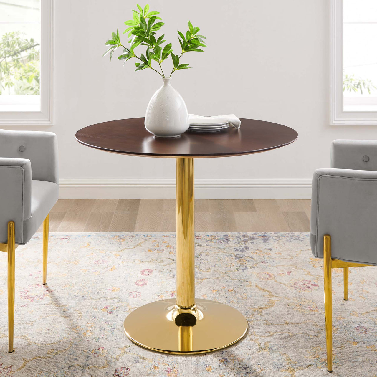 Kavrin Round Dining Table, Small, Gold & Cherry Walnut