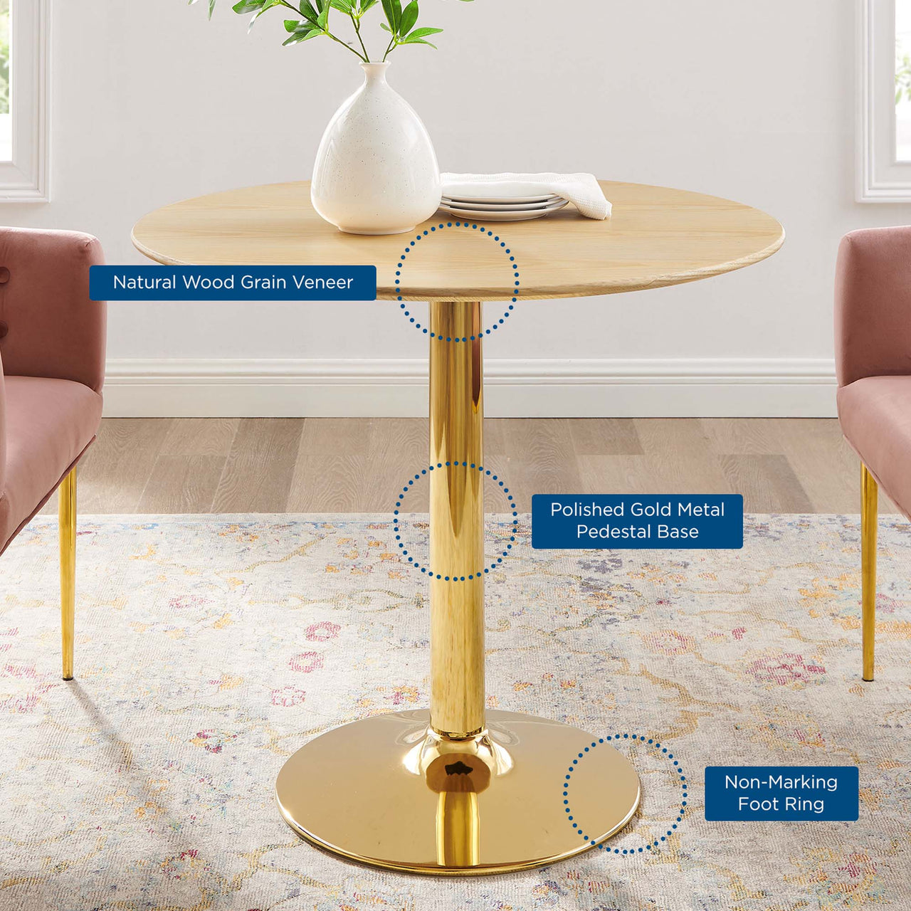 Kavrin Round Dining Table, Small, Gold & Natural Wood