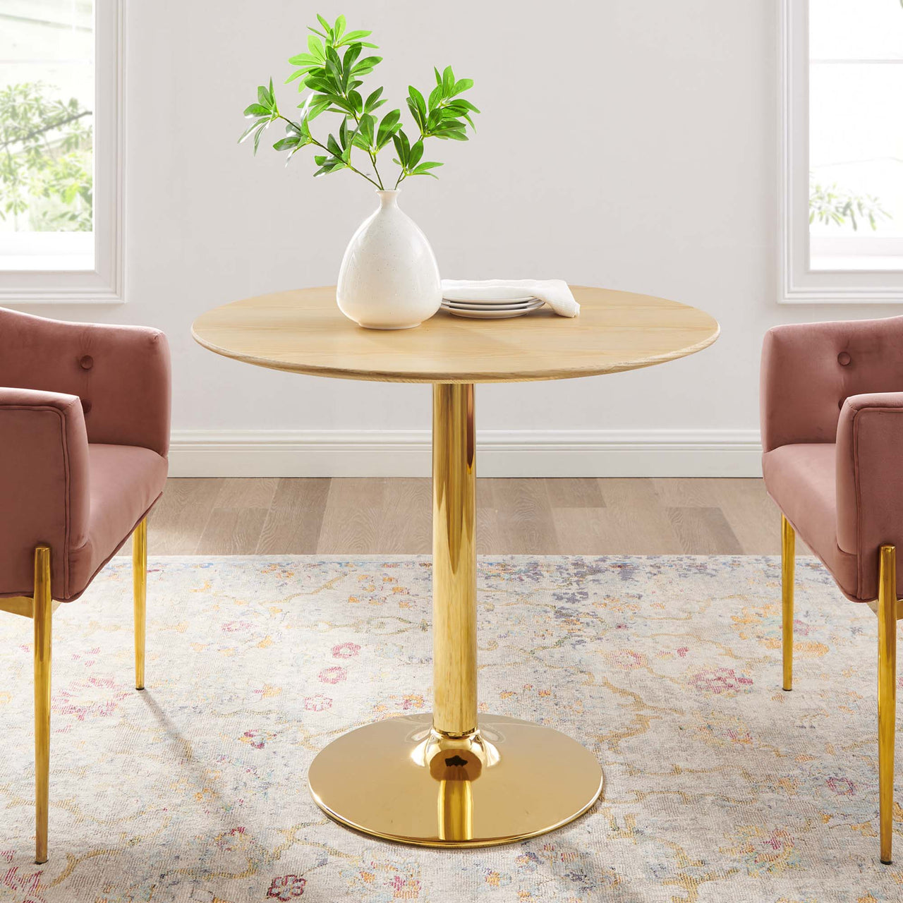 Kavrin Round Dining Table, Small, Gold & Natural Wood