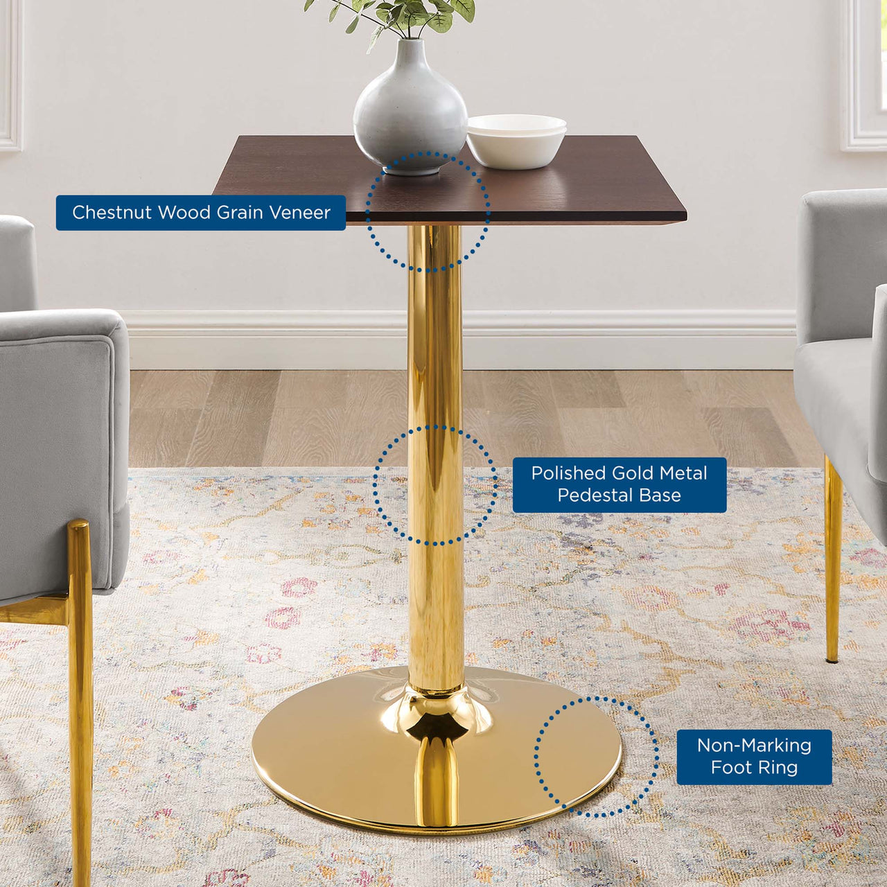 Kavrin Square Dining Table, Extra Small, Gold & Cherry Walnut