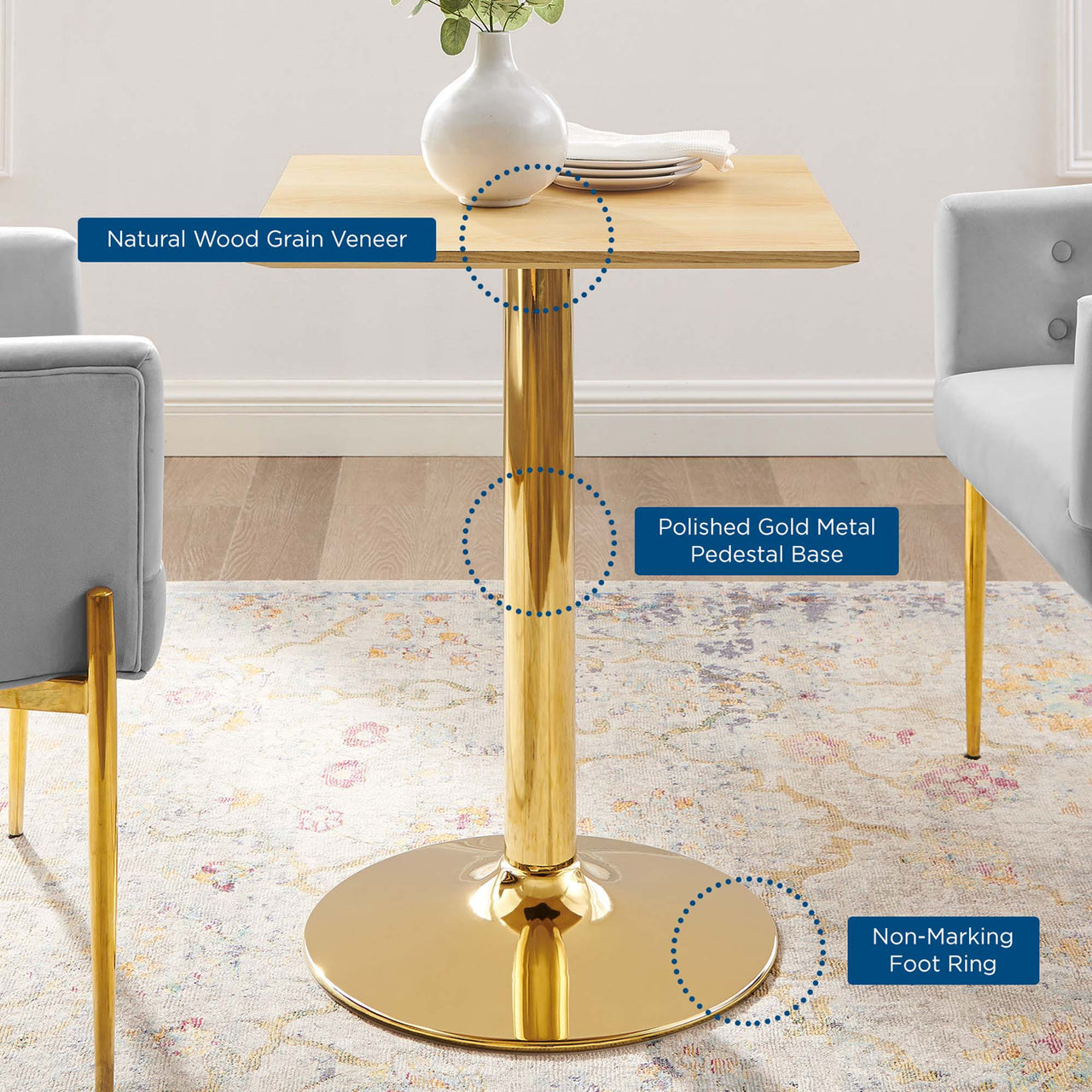 Kavrin Square Dining Table, Extra Small, Gold & Natural Wood