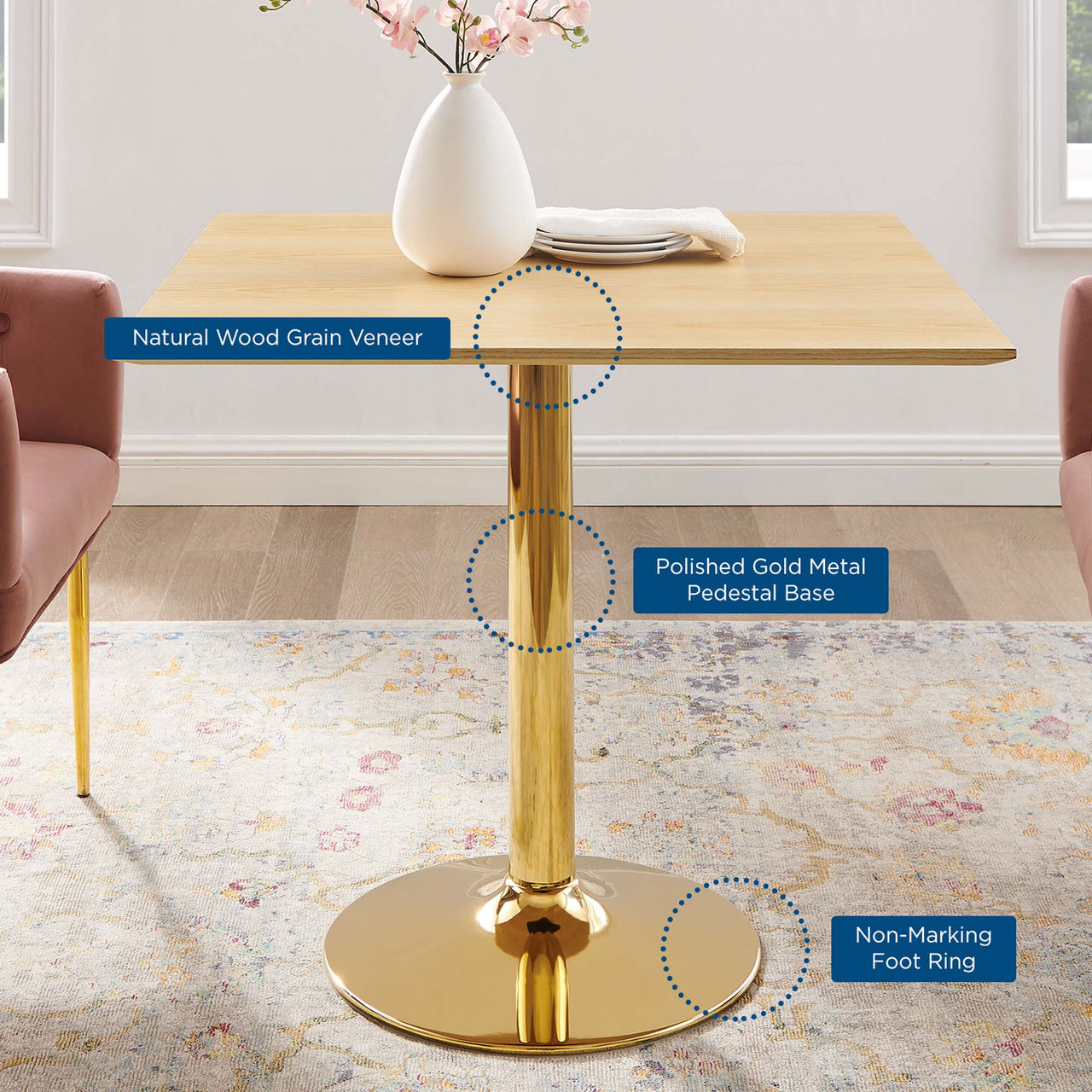 Kavrin Square Dining Table, Medium, Gold & Natural Wood