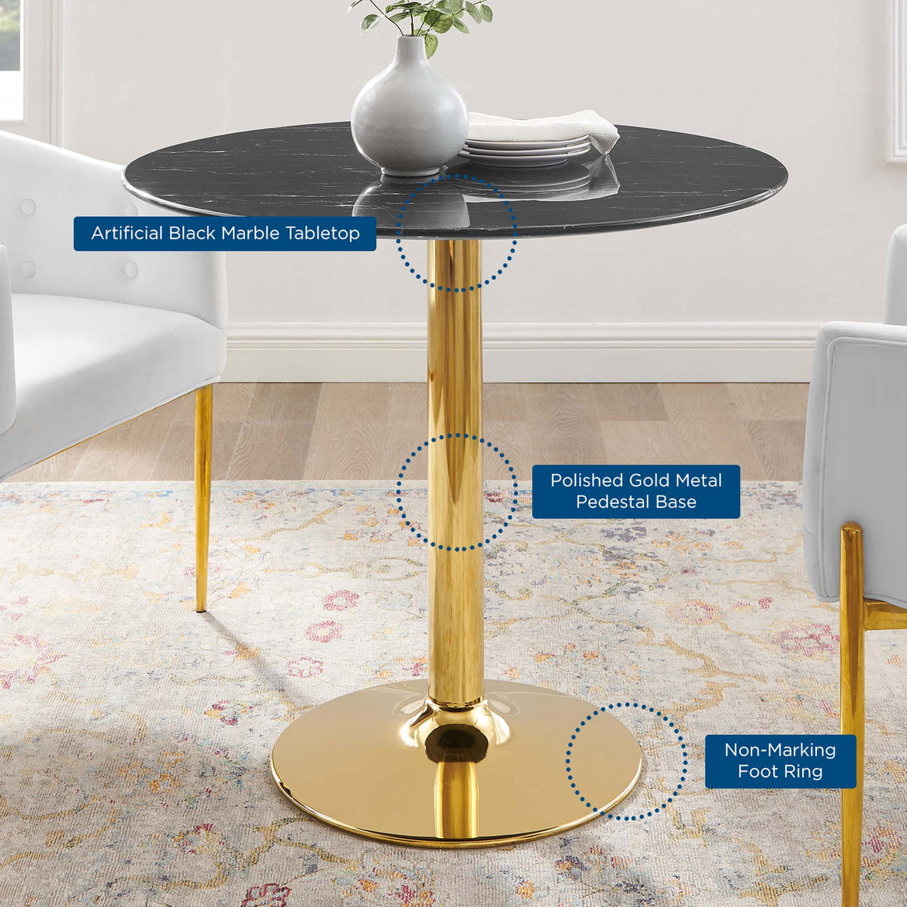 Kavrin Round Faux Marble Dining Table, Small, Gold & Black