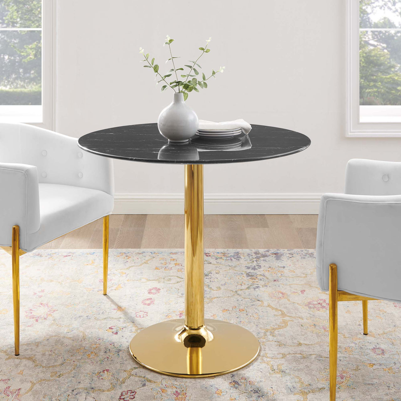 Kavrin Round Faux Marble Dining Table, Small, Gold & Black