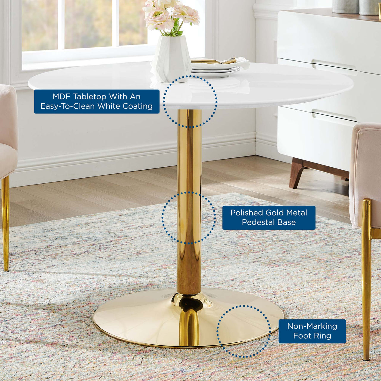 Kavrin Round Dining Table, Medium, Gold & White
