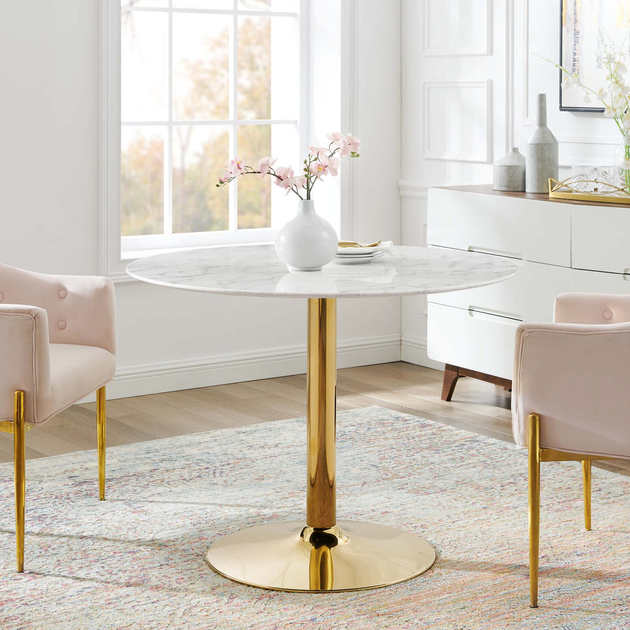 Kavrin Round Faux Marble Dining Table, Medium, Gold & White