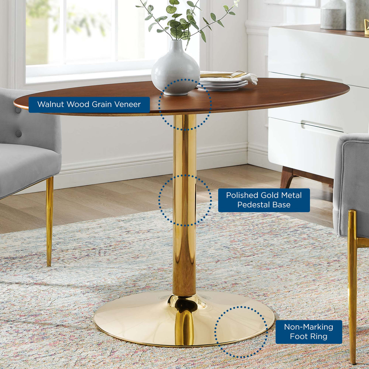 Kavrin Oval Dining Table, Medium, Gold & Walnut