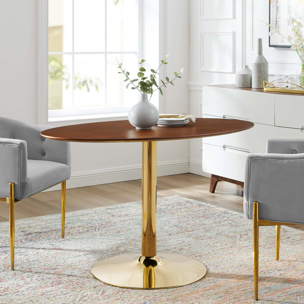 Kavrin Oval Dining Table, Medium, Gold & Walnut