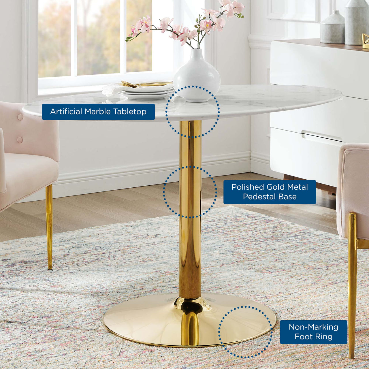 Kavrin Oval Faux Marble Dining Table, Medium, Gold & White