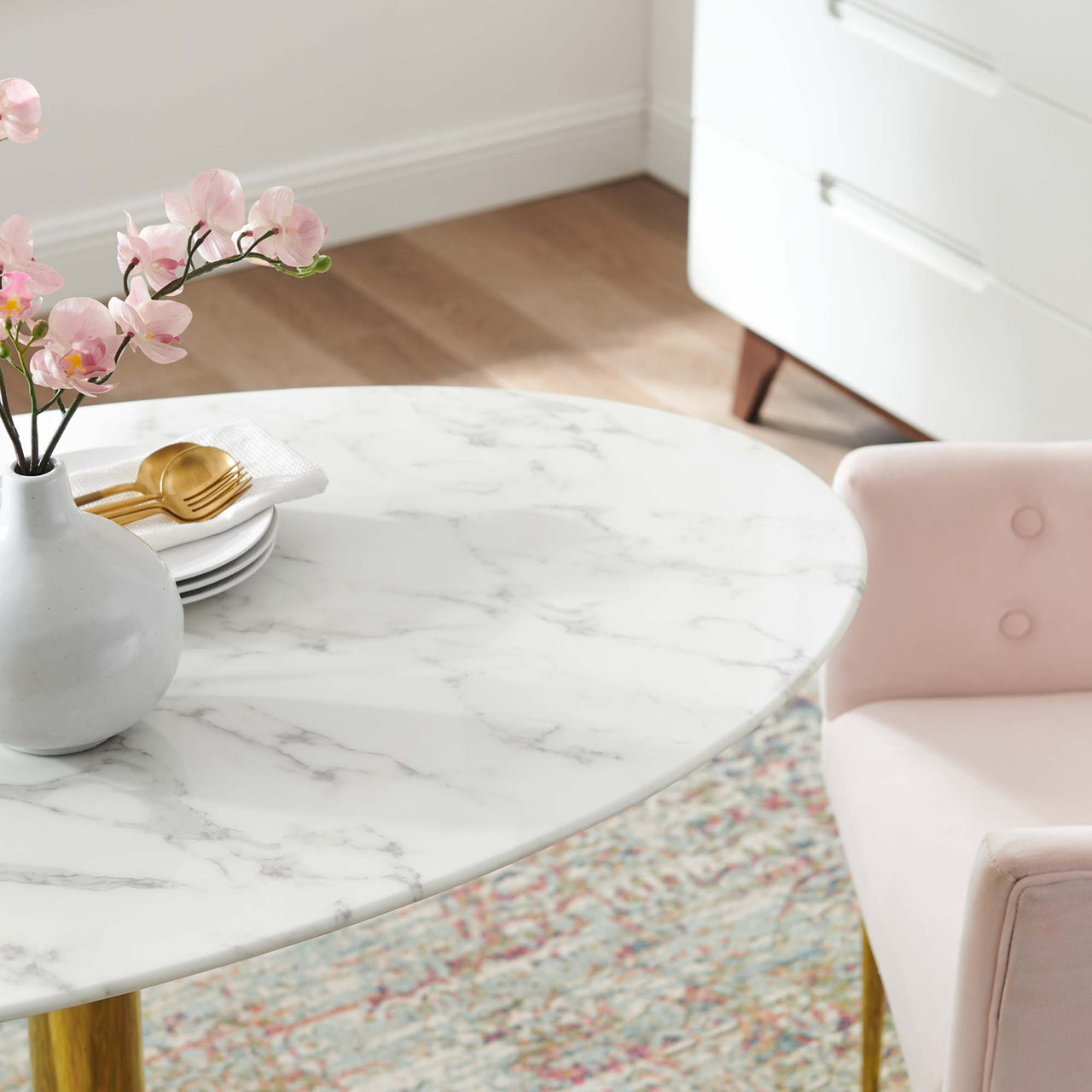 Kavrin Oval Faux Marble Dining Table, Medium, Gold & White