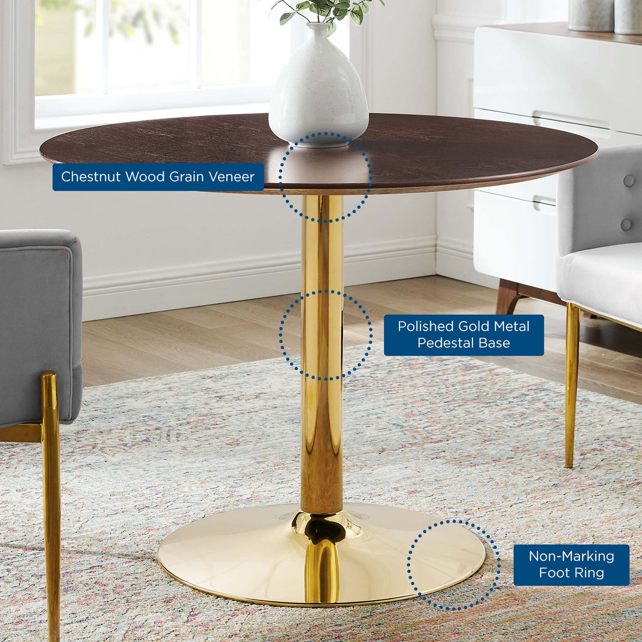 Kavrin Round Dining Table, Medium, Gold & Cherry Walnut