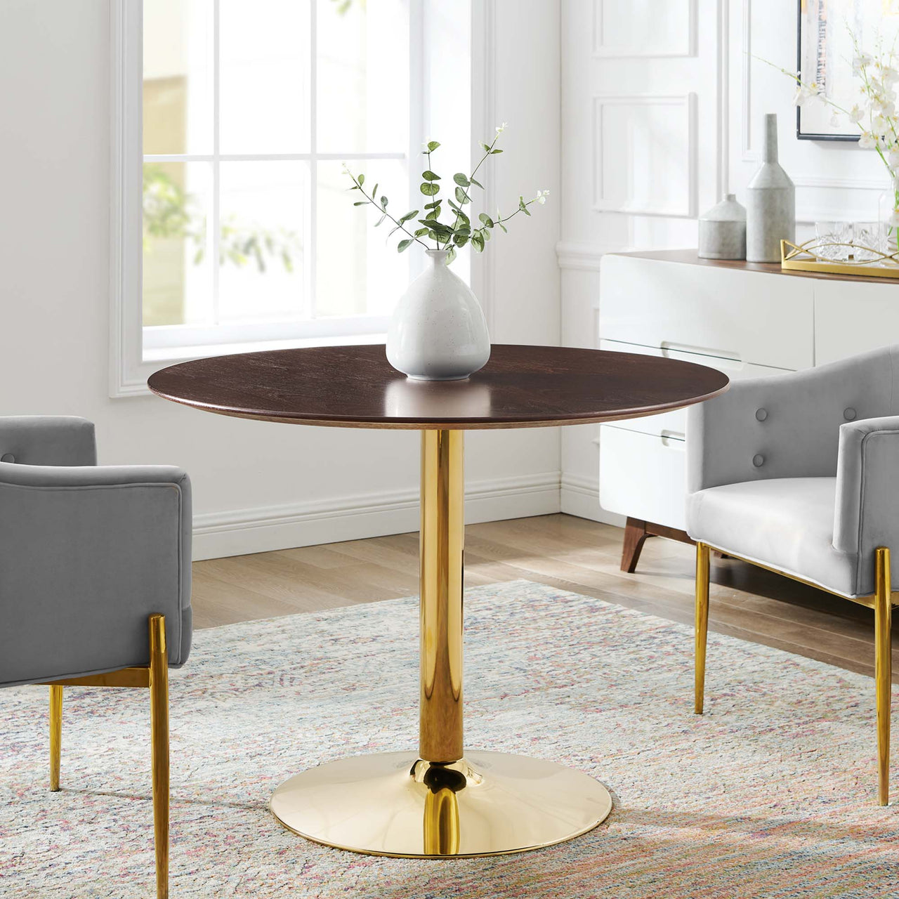Kavrin Round Dining Table, Medium, Gold & Cherry Walnut
