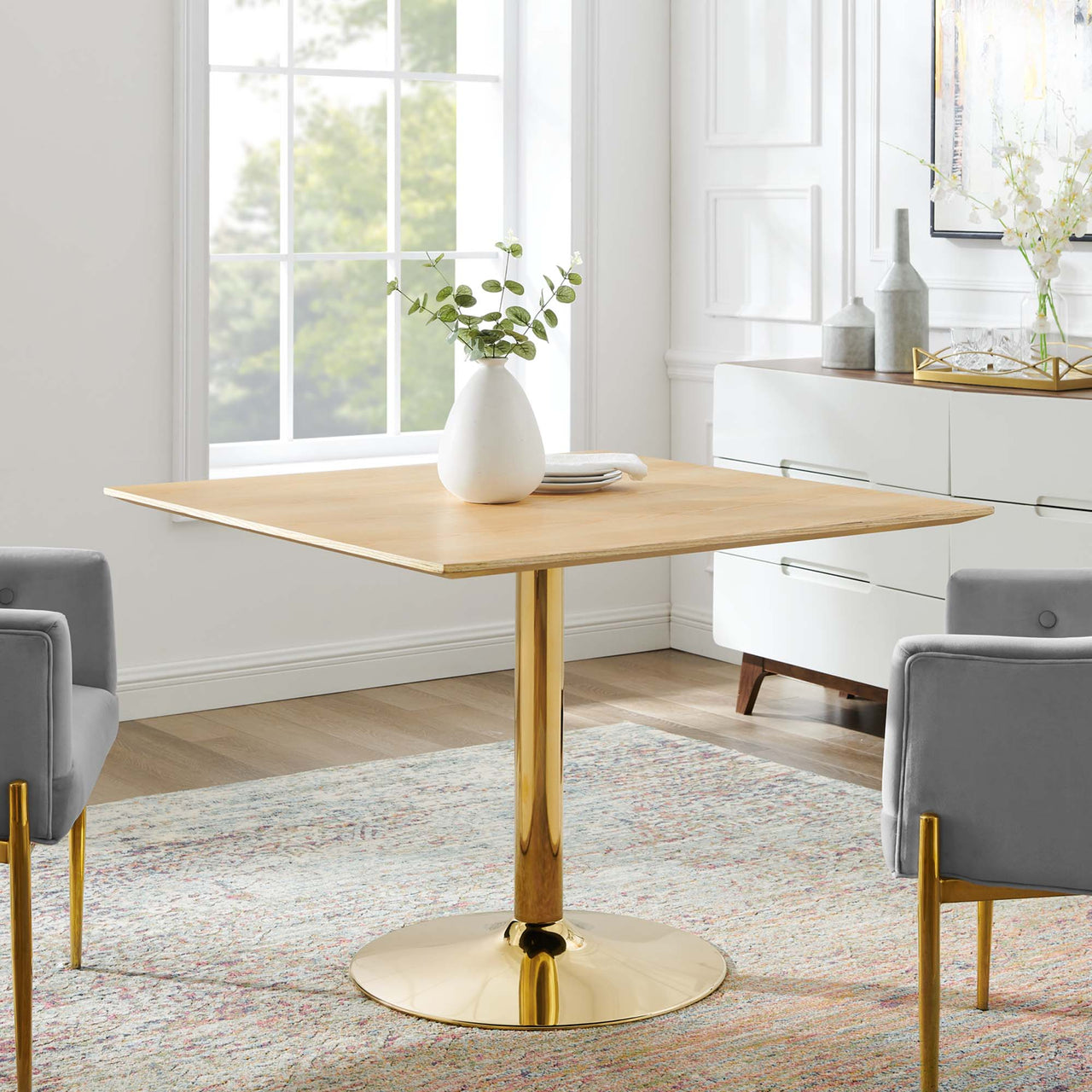 Kavrin Square Dining Table, Large, Gold & Natural Wood