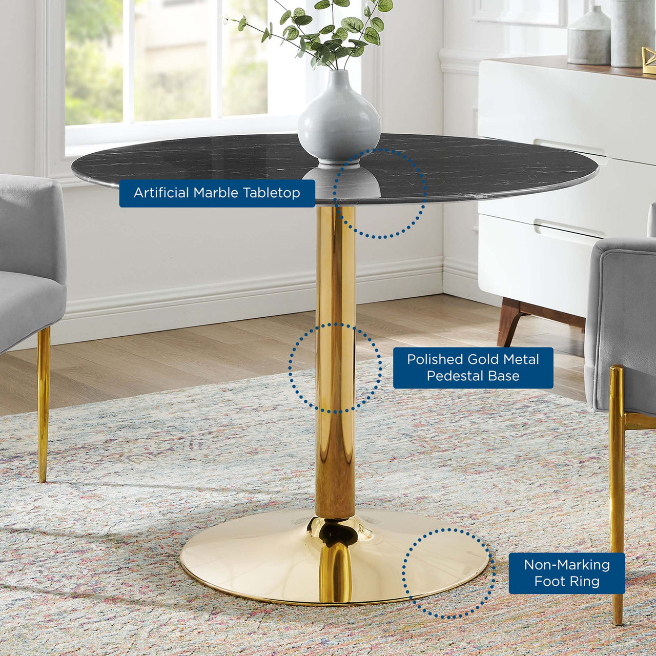 Kavrin Round Faux Marble Dining Table, Medium, Gold & Black