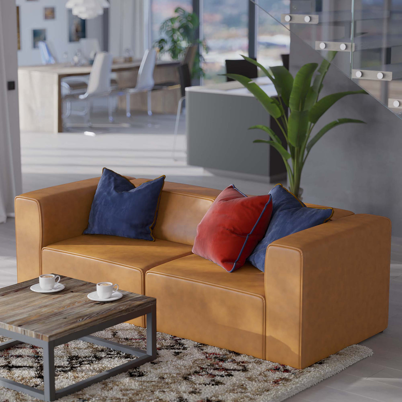 Coalesse 2-Piece Eco-Leather Loveseat Sectional, Tan