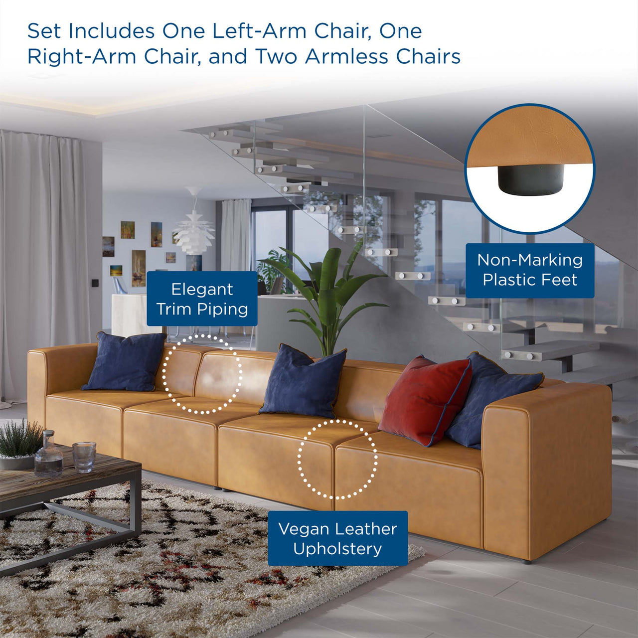 Coalesse 4-Piece Eco-Leather Sofa Sectional, Tan