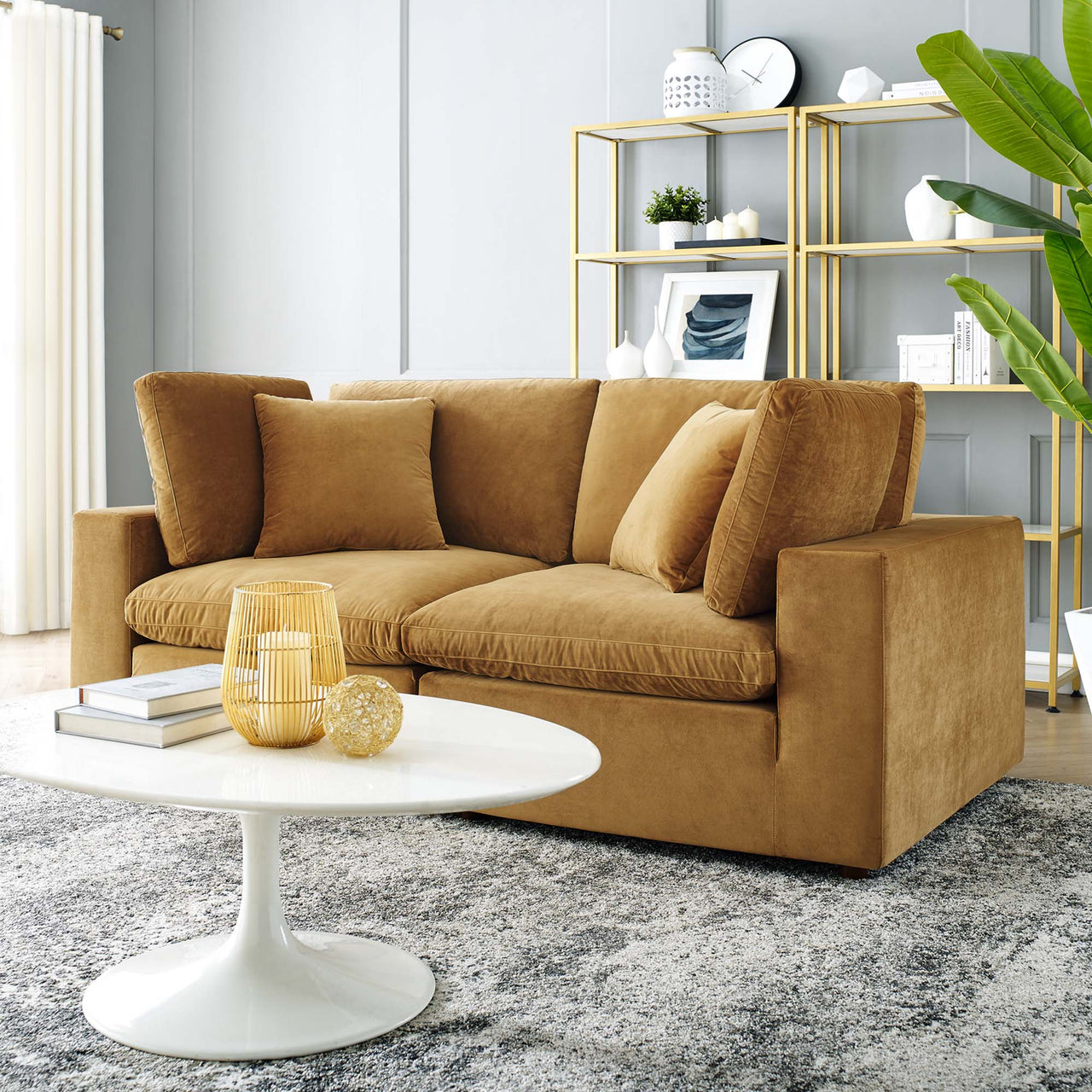 Angelic Cloudblend Velvet Loveseat Sectional, Cognac