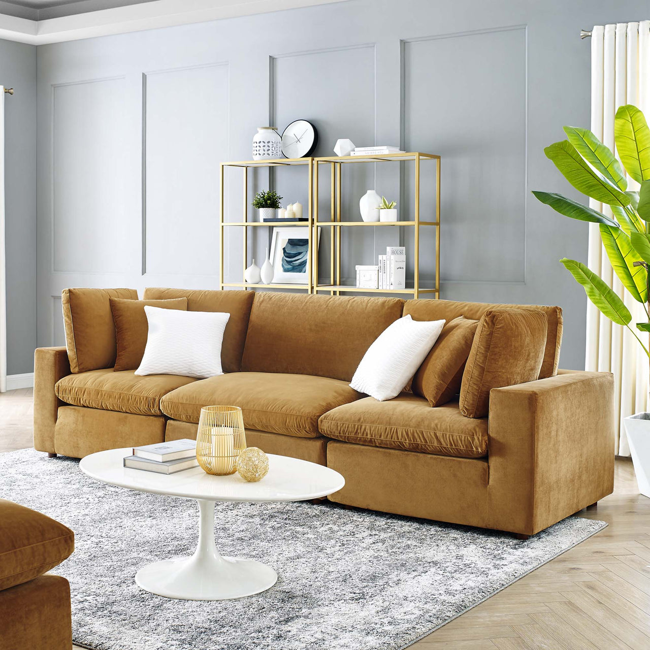 Angelic Cloudblend Velvet 3-Seater Sofa Sectional, Cognac