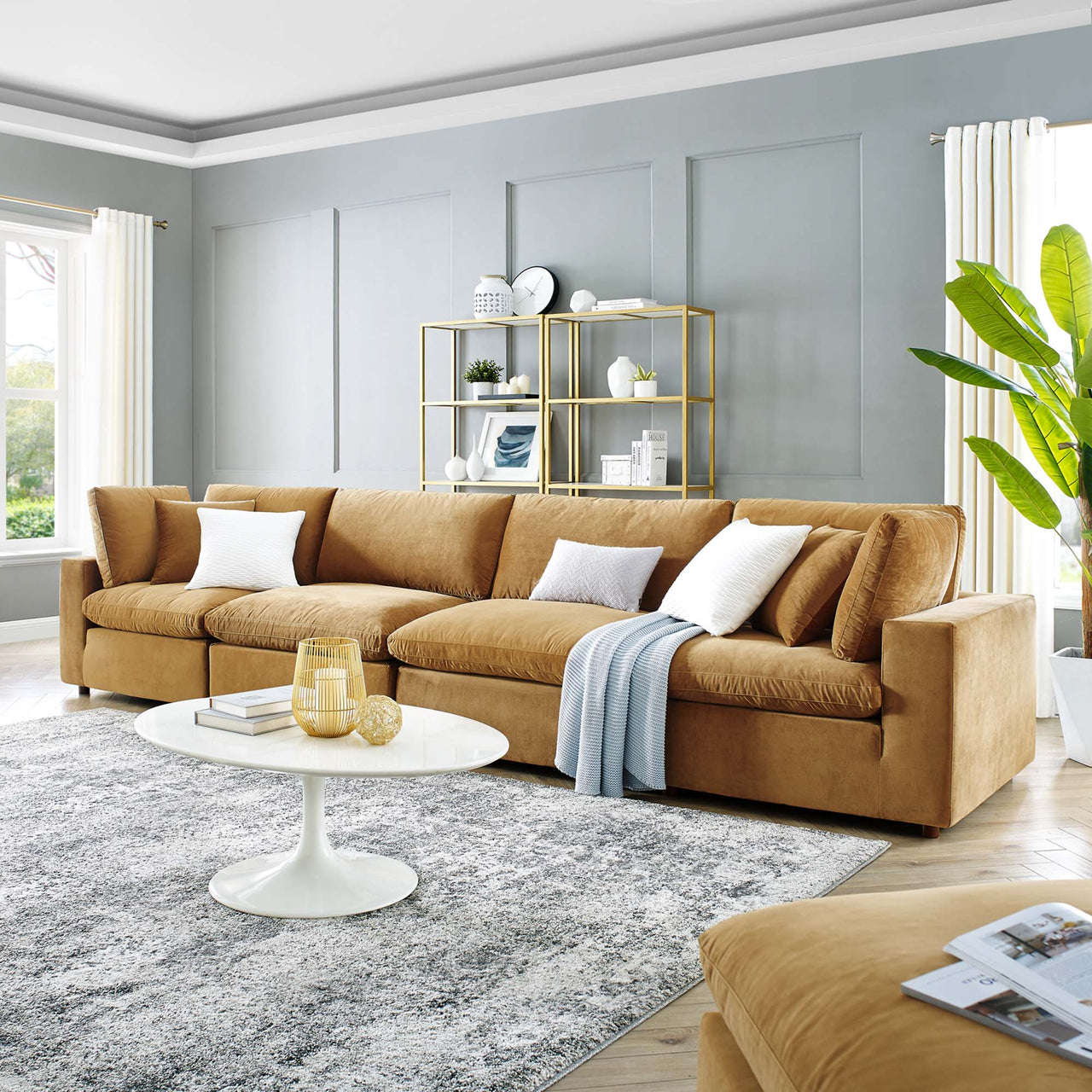 Angelic Cloudblend Velvet 4-Seater Sofa Sectional, Cognac